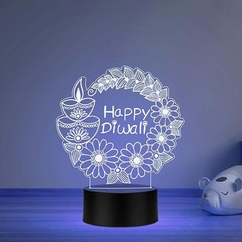 Happy Diwali LED 3D Illusion Night Light, Decorative Lamp with Floral and Diya Design, Black Base Multicolored Light