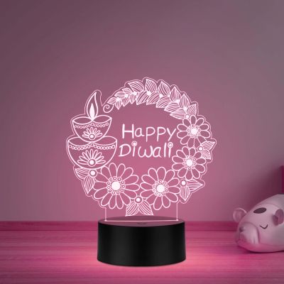 Happy Diwali LED 3D Illusion Night Light, Decorative Lamp with Floral and Diya Design, Black Base Multicolored Light