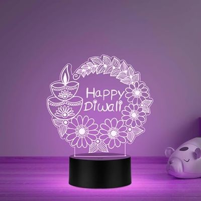 Happy Diwali LED 3D Illusion Night Light, Decorative Lamp with Floral and Diya Design, Black Base Multicolored Light