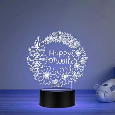 Happy Diwali LED 3D Illusion Night Light, Decorative Lamp with Floral and Diya Design, Black Base Multicolored Light