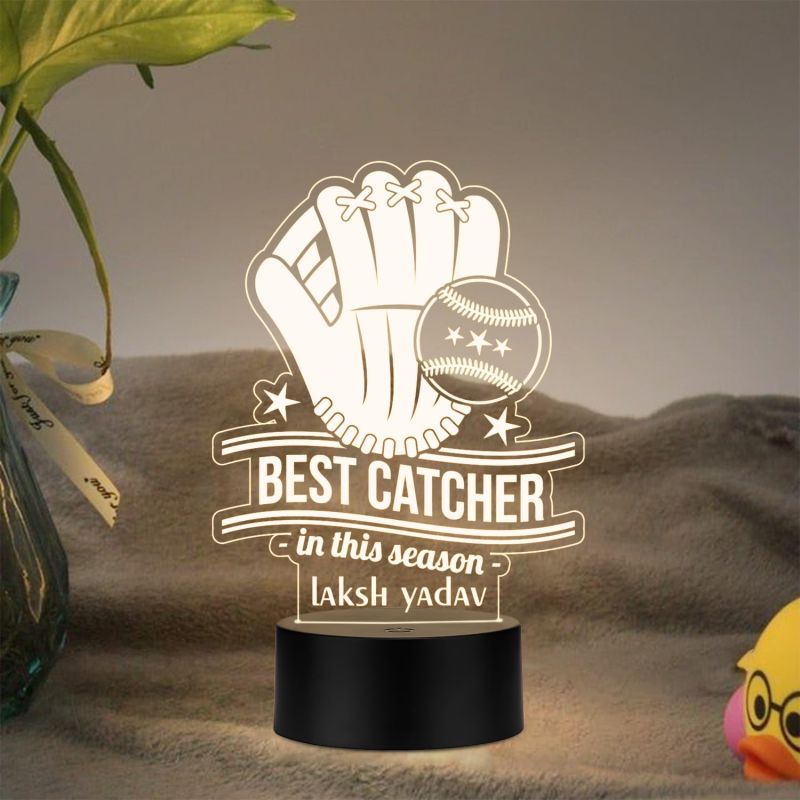 Personalized Best Catcher Baseball Glove LED Desk Table Lamp Gift for Baseball Player Lamp for Sports Lover Warm White Light