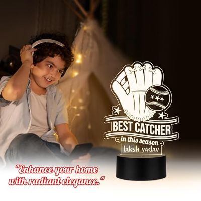 Personalized Best Catcher Baseball Glove LED Desk Table Lamp Gift for Baseball Player Lamp for Sports Lover Warm White Light