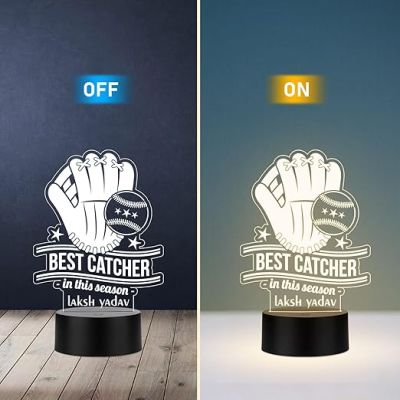 Personalized Best Catcher Baseball Glove LED Desk Table Lamp Gift for Baseball Player Lamp for Sports Lover Warm White Light