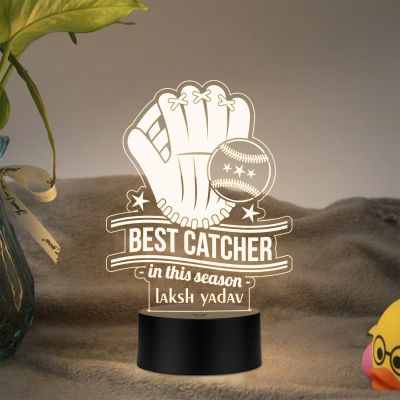Personalized Best Catcher Baseball Glove LED Desk Table Lamp Gift for Baseball Player Lamp for Sports Lover Warm White Light