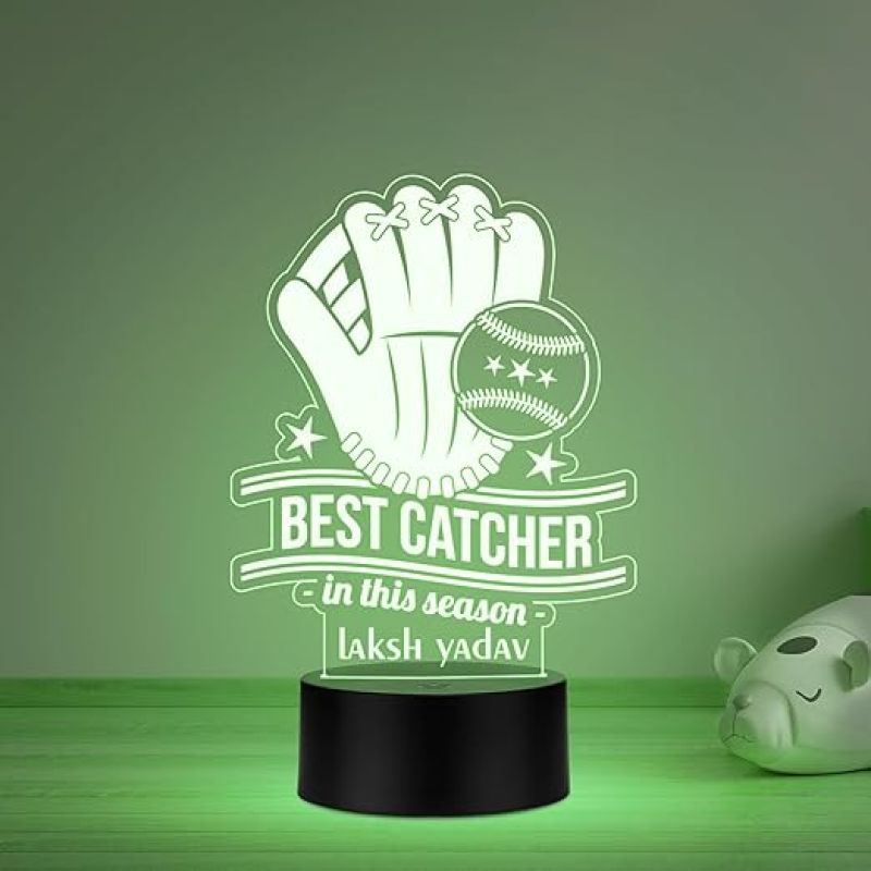 Personalized Best Catcher Baseball Glove LED Desk Table Lamp Gift for Baseball Player Lamp for Sports Lover Multicolored Light