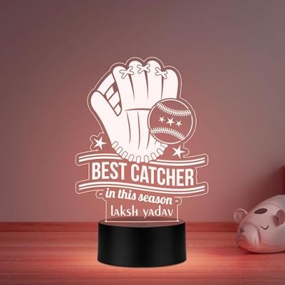 Personalized Best Catcher Baseball Glove LED Desk Table Lamp Gift for Baseball Player Lamp for Sports Lover Multicolored Light