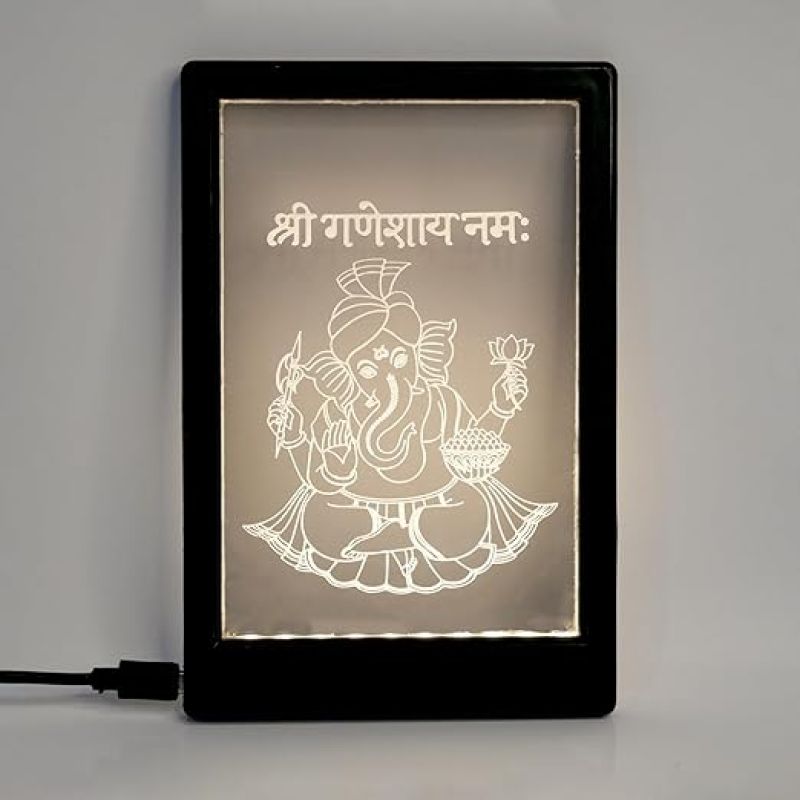 Lord Ganesh Frame Night Lamp – Warm White LED with B-Type USB Cable | Spiritual Decorative Gift | Ganesh Lamp