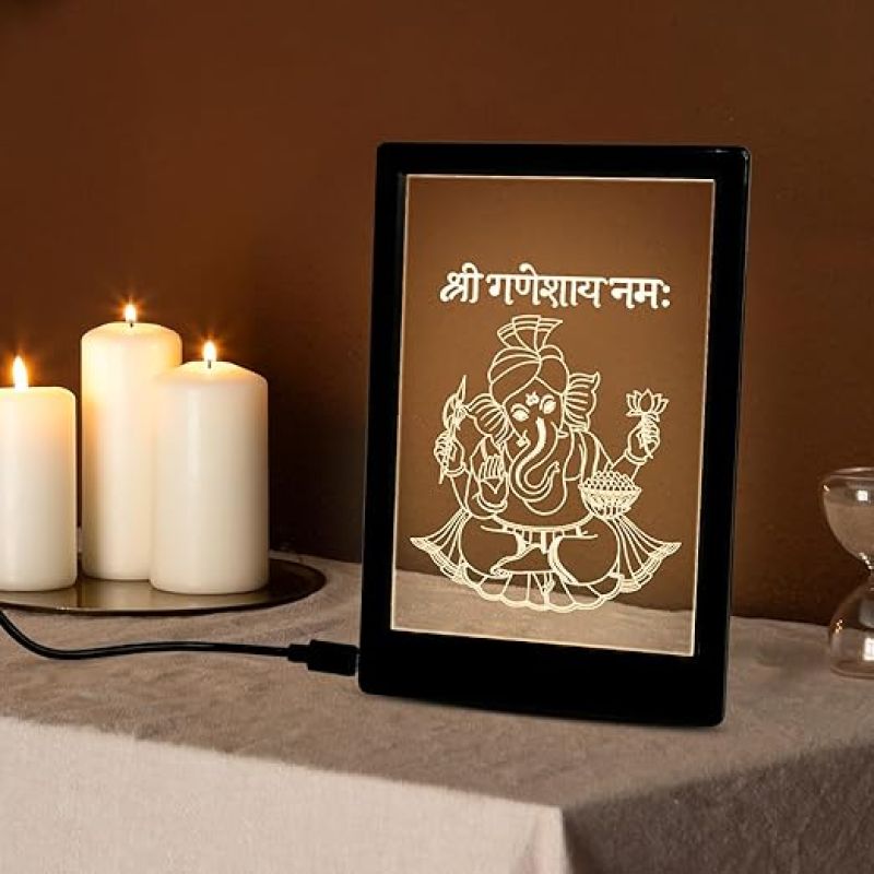 Lord Ganesh Frame Night Lamp – Warm White LED with B-Type USB Cable | Spiritual Decorative Gift | Ganesh Lamp