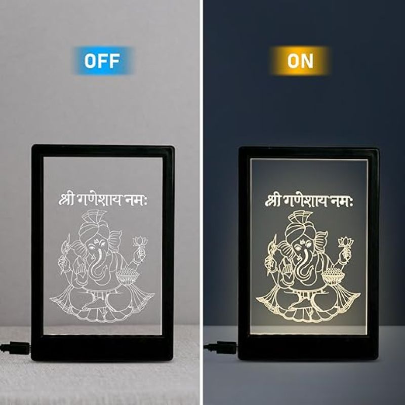 Lord Ganesh Frame Night Lamp – Warm White LED with B-Type USB Cable | Spiritual Decorative Gift | Ganesh Lamp