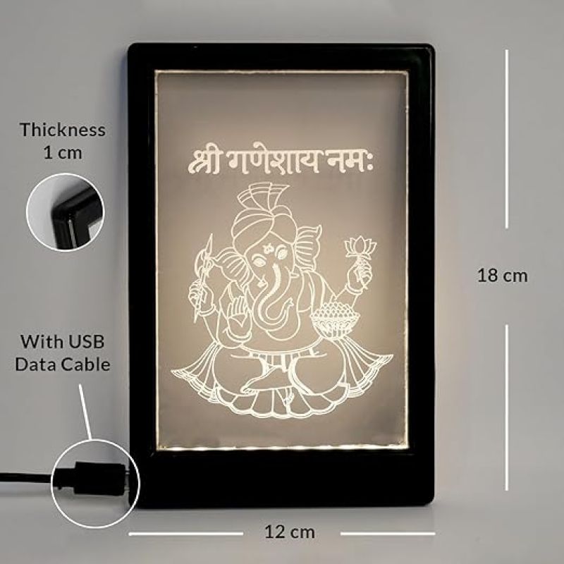 Lord Ganesh Frame Night Lamp – Warm White LED with B-Type USB Cable | Spiritual Decorative Gift | Ganesh Lamp