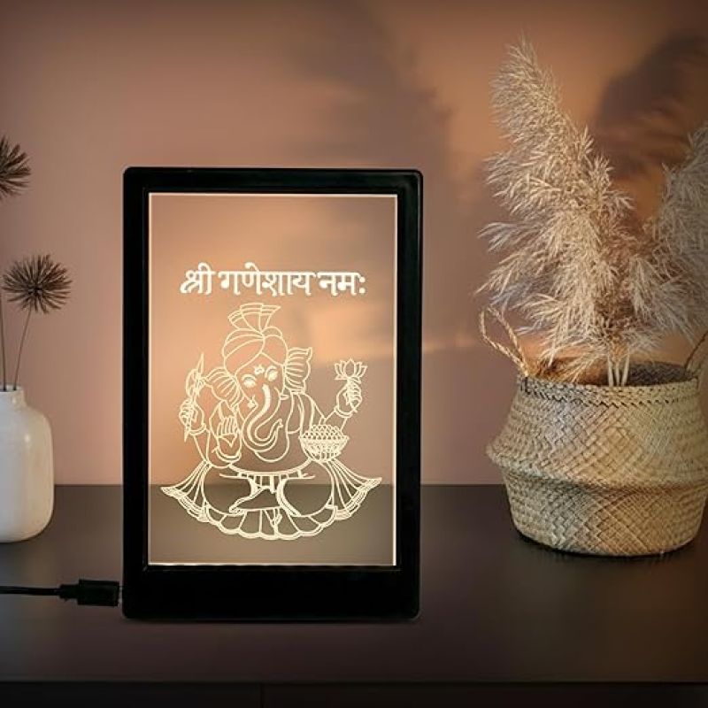 Lord Ganesh Frame Night Lamp – Warm White LED with B-Type USB Cable | Spiritual Decorative Gift | Ganesh Lamp