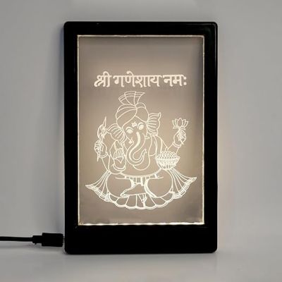 Lord Ganesh Frame Night Lamp – Warm White LED with B-Type USB Cable | Spiritual Decorative Gift | Ganesh Lamp