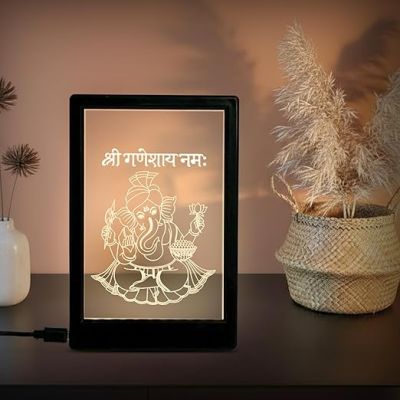Lord Ganesh Frame Night Lamp – Warm White LED with B-Type USB Cable | Spiritual Decorative Gift | Ganesh Lamp