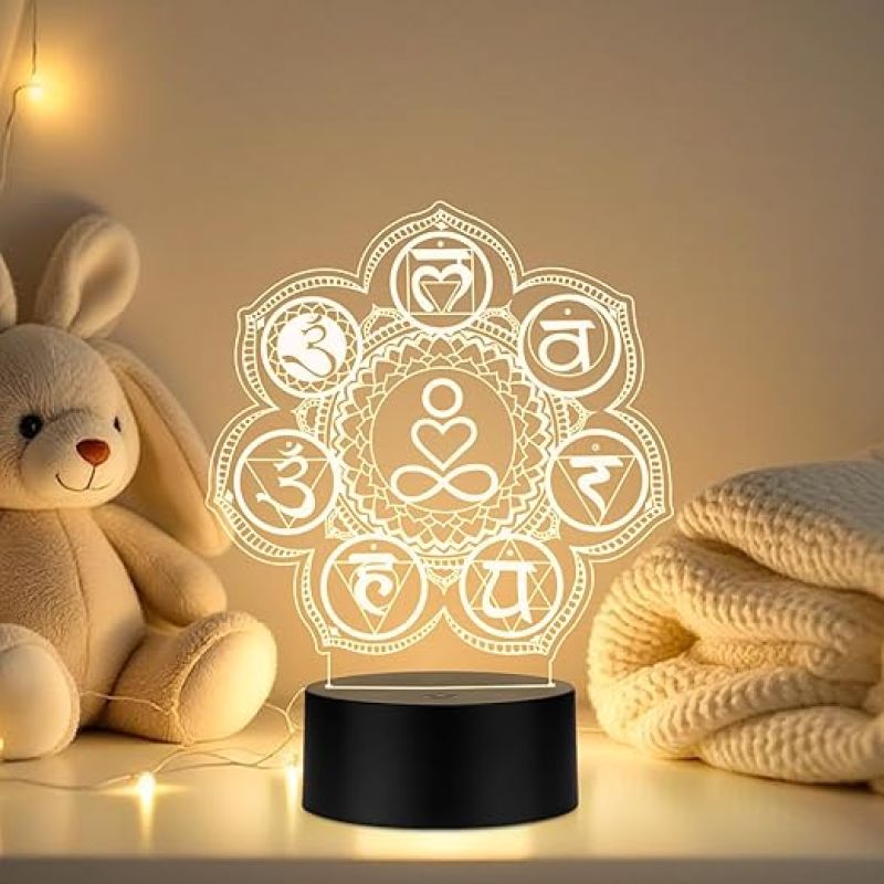 3D Illusion 7 Chakra Acrylic Night Lamp Yoga Room Bedroom Living Room Decor Light Vastu Decor Positive Nightlight Motivational Led Table Lamp Warm White Light