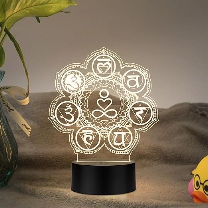 3D Illusion 7 Chakra Acrylic Night Lamp Yoga Room Bedroom Living Room Decor Light Vastu Decor Positive Nightlight Motivational Led Table Lamp Warm White Light
