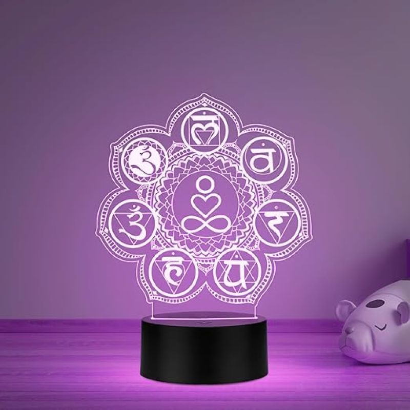 3D Illusion 7 Chakra Acrylic Night Lamp Yoga Room Bedroom Living Room Decor Light Vastu Decor Positive Nightlight Motivational Led Table Lamp Multicolored Light