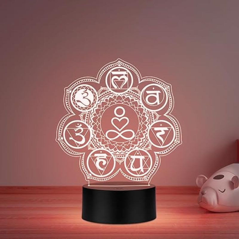 3D Illusion 7 Chakra Acrylic Night Lamp Yoga Room Bedroom Living Room Decor Light Vastu Decor Positive Nightlight Motivational Led Table Lamp Multicolored Light