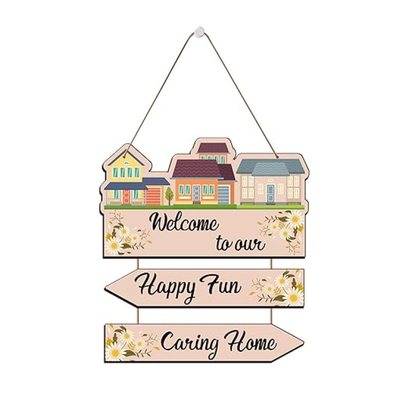 Welcome To Our Happy Fun Caring Home Wooden Wall Hanging Decoration Items for Home Gifts Wooden Wall Hanger Wall Decoration for Living Room Artworks Wall Hangings