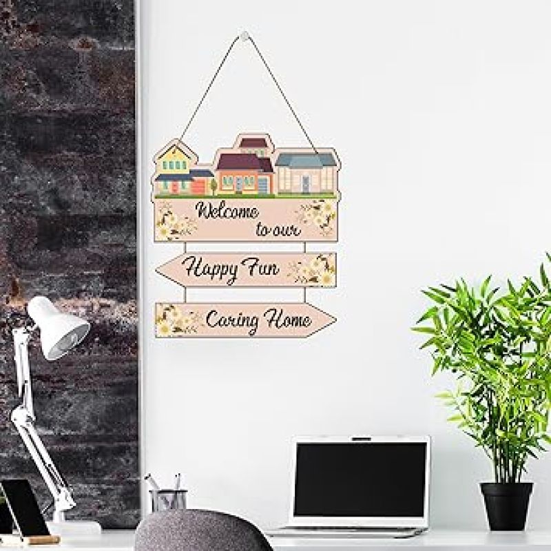 Welcome To Our Happy Fun Caring Home Wooden Wall Hanging Decoration Items for Home Gifts Wooden Wall Hanger Wall Decoration for Living Room Artworks Wall Hangings