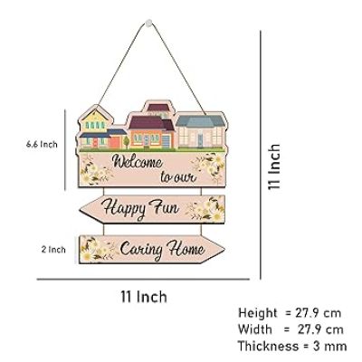 Welcome To Our Happy Fun Caring Home Wooden Wall Hanging Decoration Items for Home Gifts Wooden Wall Hanger Wall Decoration for Living Room Artworks Wall Hangings