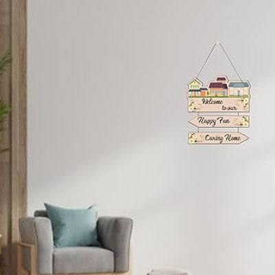 Welcome To Our Happy Fun Caring Home Wooden Wall Hanging Decoration Items for Home Gifts Wooden Wall Hanger Wall Decoration for Living Room Artworks Wall Hangings