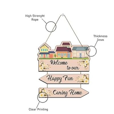 Welcome To Our Happy Fun Caring Home Wooden Wall Hanging Decoration Items for Home Gifts Wooden Wall Hanger Wall Decoration for Living Room Artworks Wall Hangings