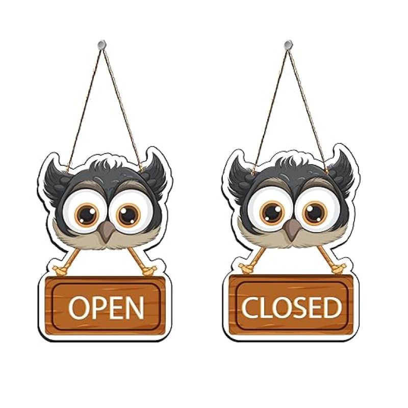 Wooden Owl Shape Open Closed Wall Hanging For Shop Wall Decor and Office Decor Item Shop Door Hanging Decoration Item Wall Art Decor