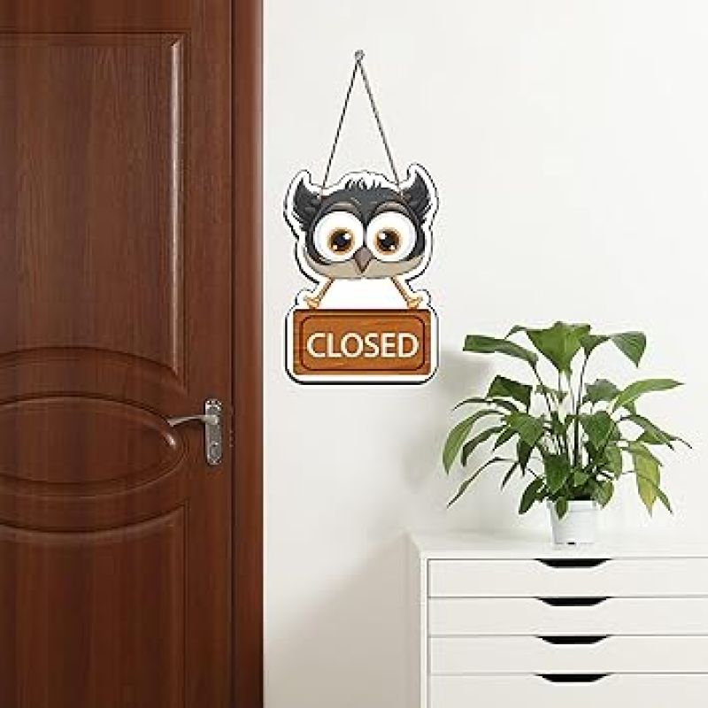 Wooden Owl Shape Open Closed Wall Hanging For Shop Wall Decor and Office Decor Item Shop Door Hanging Decoration Item Wall Art Decor