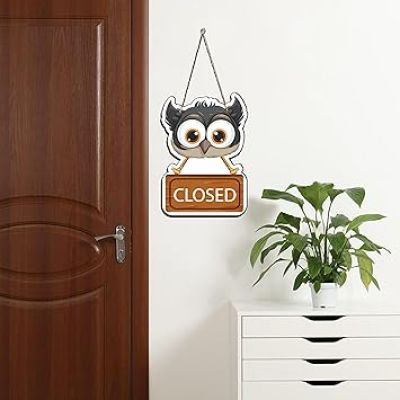 Wooden Owl Shape Open Closed Wall Hanging For Shop Wall Decor and Office Decor Item Shop Door Hanging Decoration Item Wall Art Decor