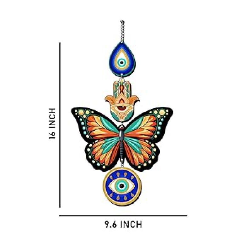 Wooden Butterfly Evil Eyes Hasma Hand Printed Wall Hanging For Protection and Elegance Home, Office & Living Room Decor Hanging Nazar Battu Wall Art