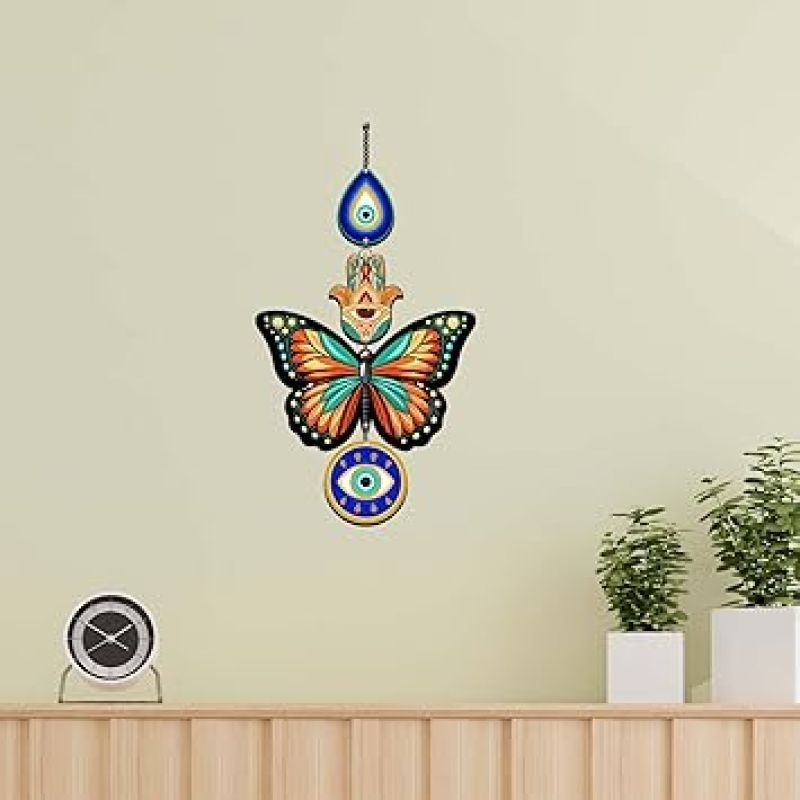 Wooden Butterfly Evil Eyes Hasma Hand Printed Wall Hanging For Protection and Elegance Home, Office & Living Room Decor Hanging Nazar Battu Wall Art