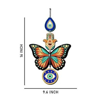 Wooden Butterfly Evil Eyes Hasma Hand Printed Wall Hanging For Protection and Elegance Home, Office & Living Room Decor Hanging Nazar Battu Wall Art