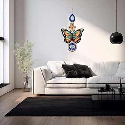 Wooden Butterfly Evil Eyes Hasma Hand Printed Wall Hanging For Protection and Elegance Home, Office & Living Room Decor Hanging Nazar Battu Wall Art