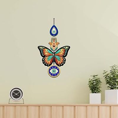 Wooden Butterfly Evil Eyes Hasma Hand Printed Wall Hanging For Protection and Elegance Home, Office & Living Room Decor Hanging Nazar Battu Wall Art
