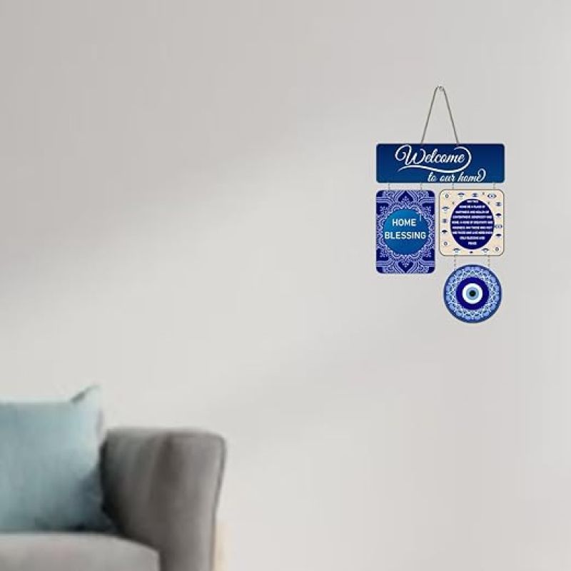 Welcome To Our Home Wall Hanging Evil Eye Hanging for Home Entrance Nazar Battu Wall Art Decor For Living Room Bedroom Office