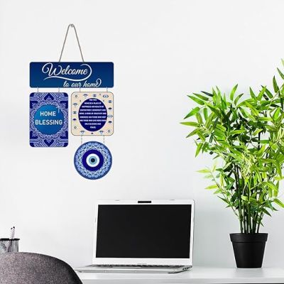 Welcome To Our Home Wall Hanging Evil Eye Hanging for Home Entrance Nazar Battu Wall Art Decor For Living Room Bedroom Office
