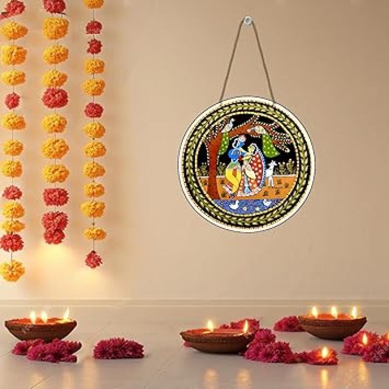 Radha Krishna Madhubani Wooden Wall Hanging Radha Krishna Wall Art For Home Temple, Living Room & Office Spiritual Wall Decor Wall Hanging For Gifting