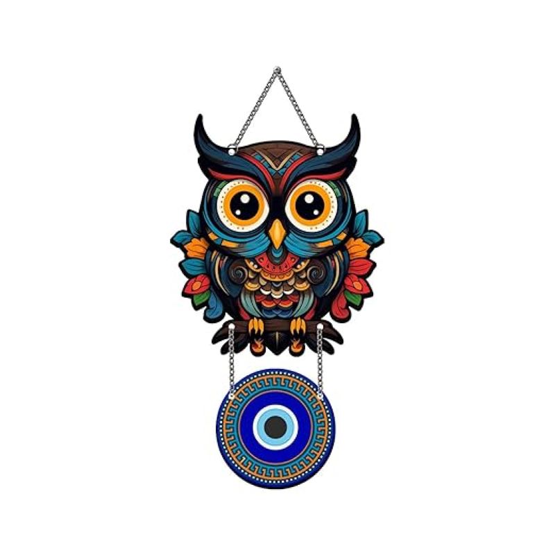 Owl Evil Eye Wall Hanging For Home, Office, Living Room & Bedroom Decor Good Luck and Protection Symbol for Positive Energy Wall Art Decor