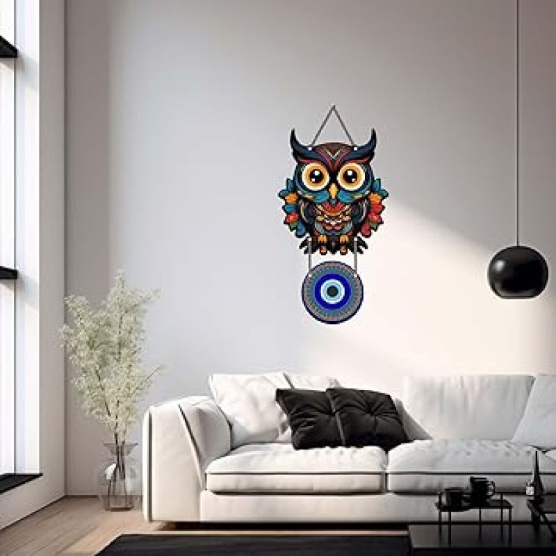Owl Evil Eye Wall Hanging For Home, Office, Living Room & Bedroom Decor Good Luck and Protection Symbol for Positive Energy Wall Art Decor