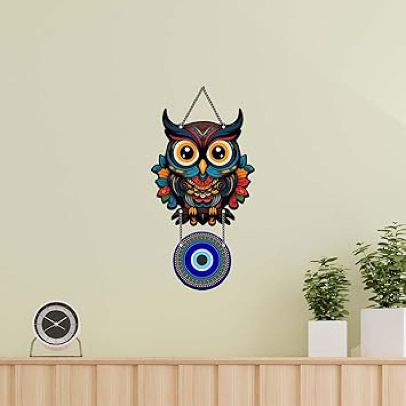 Owl Evil Eye Wall Hanging For Home, Office, Living Room & Bedroom Decor Good Luck and Protection Symbol for Positive Energy Wall Art Decor