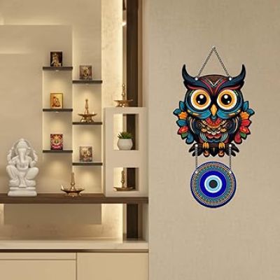 Owl Evil Eye Wall Hanging For Home, Office, Living Room & Bedroom Decor Good Luck and Protection Symbol for Positive Energy Wall Art Decor
