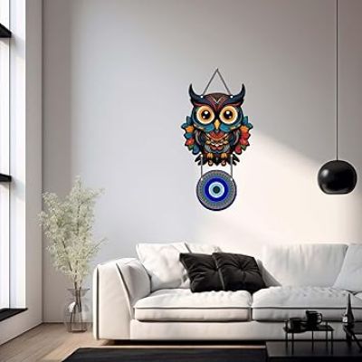 Owl Evil Eye Wall Hanging For Home, Office, Living Room & Bedroom Decor Good Luck and Protection Symbol for Positive Energy Wall Art Decor