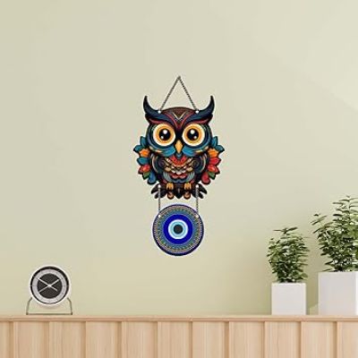 Owl Evil Eye Wall Hanging For Home, Office, Living Room & Bedroom Decor Good Luck and Protection Symbol for Positive Energy Wall Art Decor