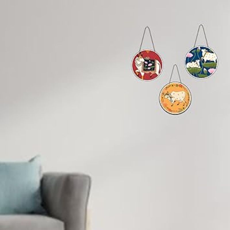 Pichwai Wooden Wall Hanging Decor | Decorative Hanging Items for Living Room Religious Art, Indian Traditional Wall Decor Cow Pichwai Design Wall Art Decoration Accessories