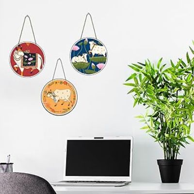 Pichwai Wooden Wall Hanging Decor | Decorative Hanging Items for Living Room Religious Art, Indian Traditional Wall Decor Cow Pichwai Design Wall Art Decoration Accessories