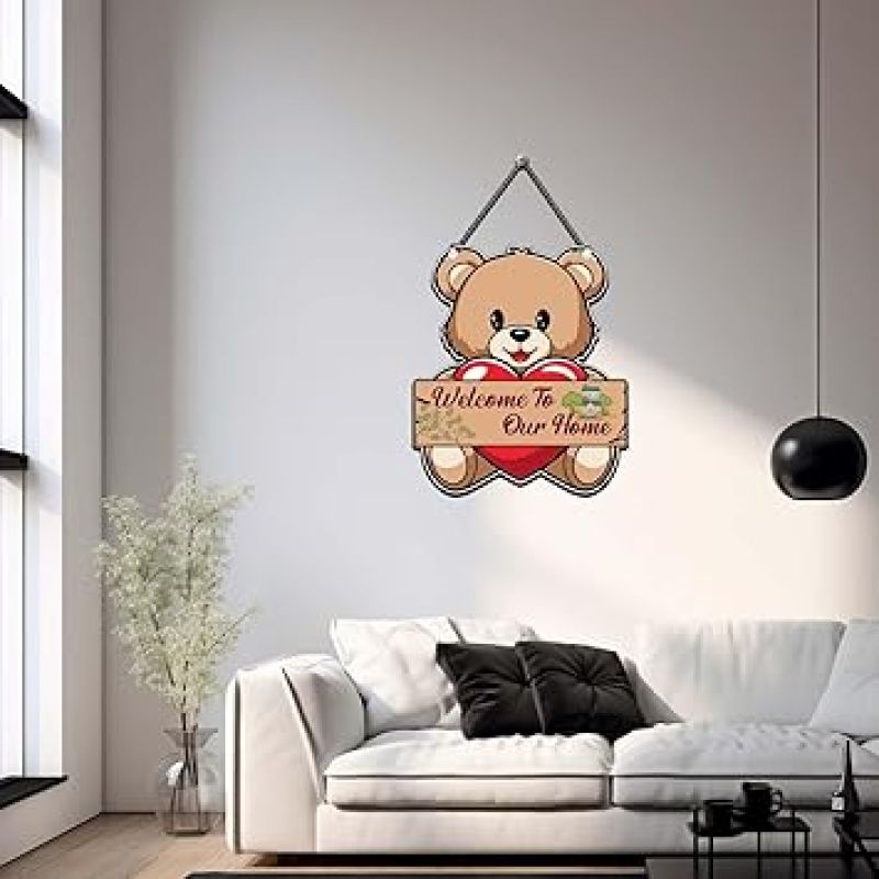 Cute Teddy Welcome To Our Home Decorative Wall Art Mdf Wooden Hanging For Living Room, Home & Office Décor Modern House Decoration Item For Gift Modern Art
