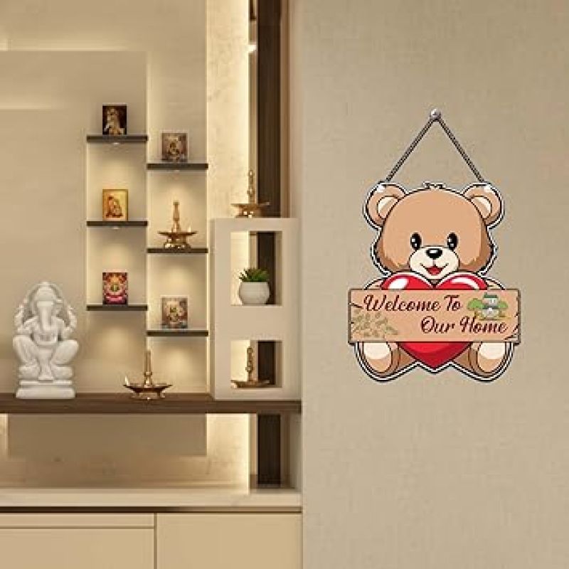 Cute Teddy Welcome To Our Home Decorative Wall Art Mdf Wooden Hanging For Living Room, Home & Office Décor Modern House Decoration Item For Gift Modern Art