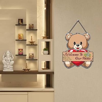 Cute Teddy Welcome To Our Home Decorative Wall Art Mdf Wooden Hanging For Living Room, Home & Office Décor Modern House Decoration Item For Gift Modern Art