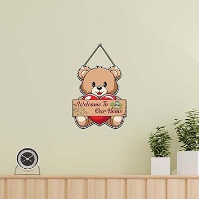 Cute Teddy Welcome To Our Home Decorative Wall Art Mdf Wooden Hanging For Living Room, Home & Office Décor Modern House Decoration Item For Gift Modern Art