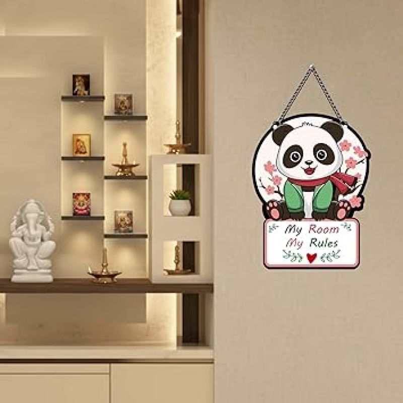 Cute Panda My Room My Rules Wooden Wall Hanging Art Decoration For Living Room & Bedroom Decorative Item For Home Decoration